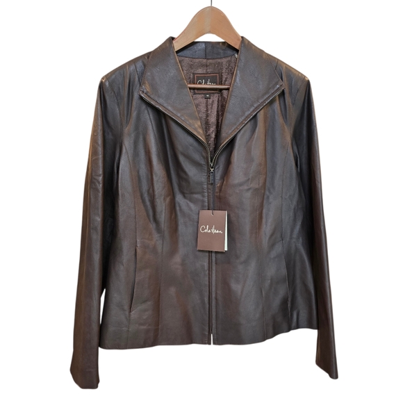 Cole Haan Jackets & Blazers - Cole Haan 100% Lambskin Leather Wing Collar Zip Jacket Chocolate Women Sz 14 NWT
